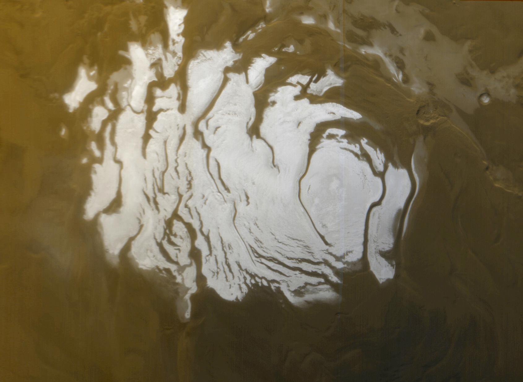 Mars residual south polar cap in southern summer, about 420 km across.